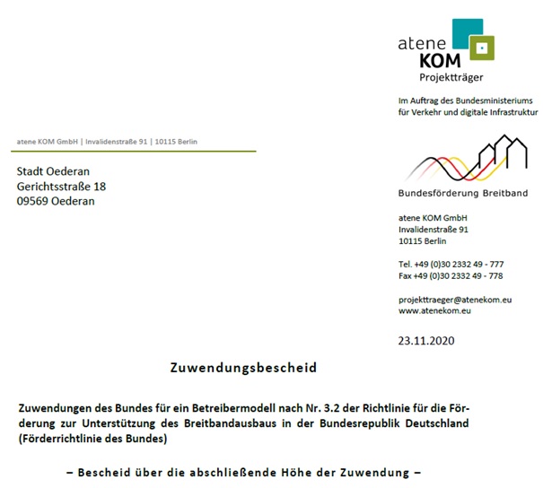 Zuwendungsbescheid Breitband
